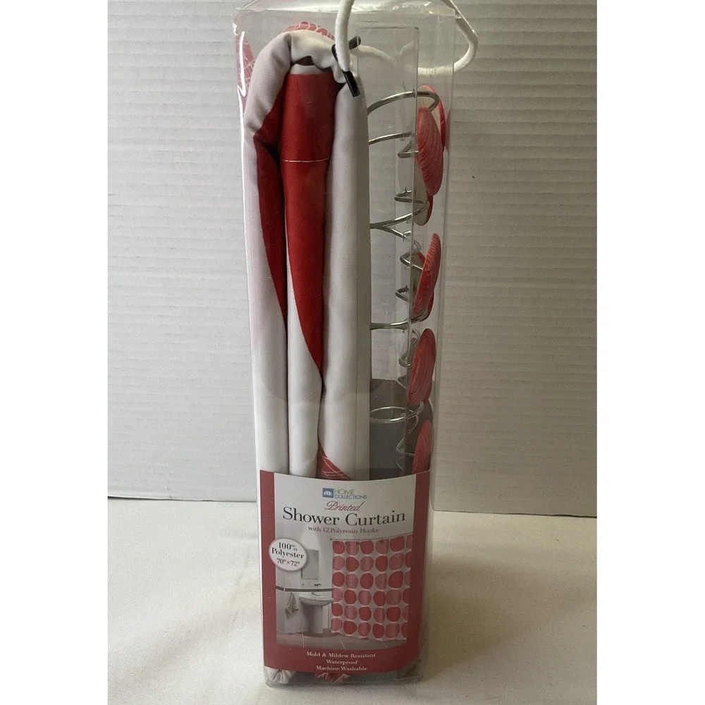 Red And White Polka Dots Shower Curtain‎ With 12pc Red Dot Hooks